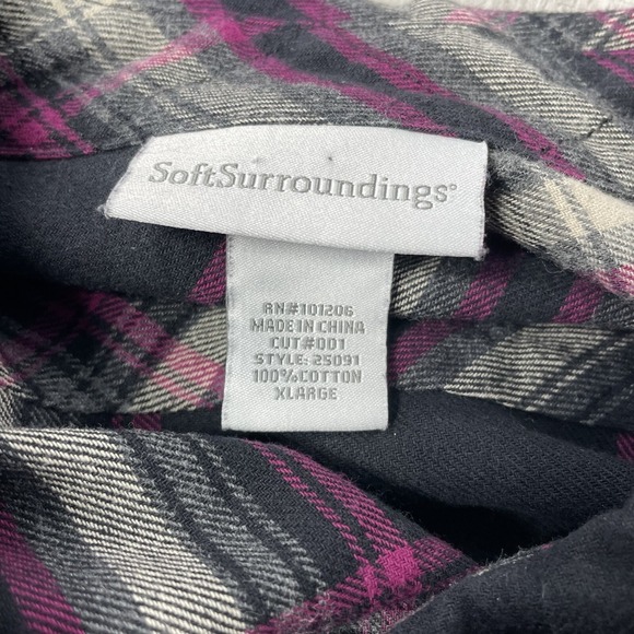 Soft Surroundings Top Women's XL Purple Plaid Long Sleeve Button Up Elbow Patch - Picture 8 of 10